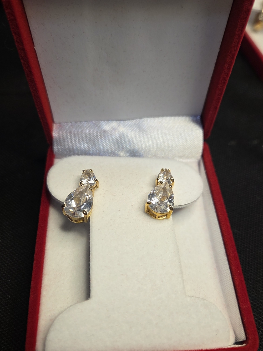 Gold Toned Sterling Silver Teardrop Crystal Stud Earrings - Clear